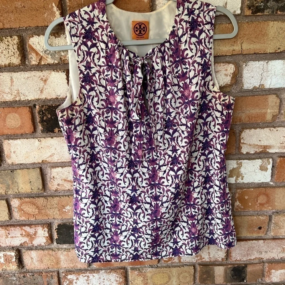TORY BURCH Silk Logo Floral Vine Bow Tie Neck Top Blouse Sleeveless